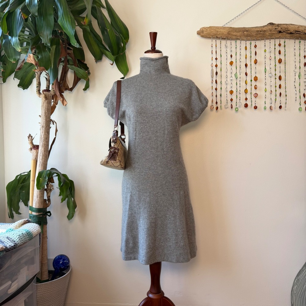 Margaret O'Leary Gray 100% Cashmere Turtleneck A-Line Dress Puff Cap Sleeve S